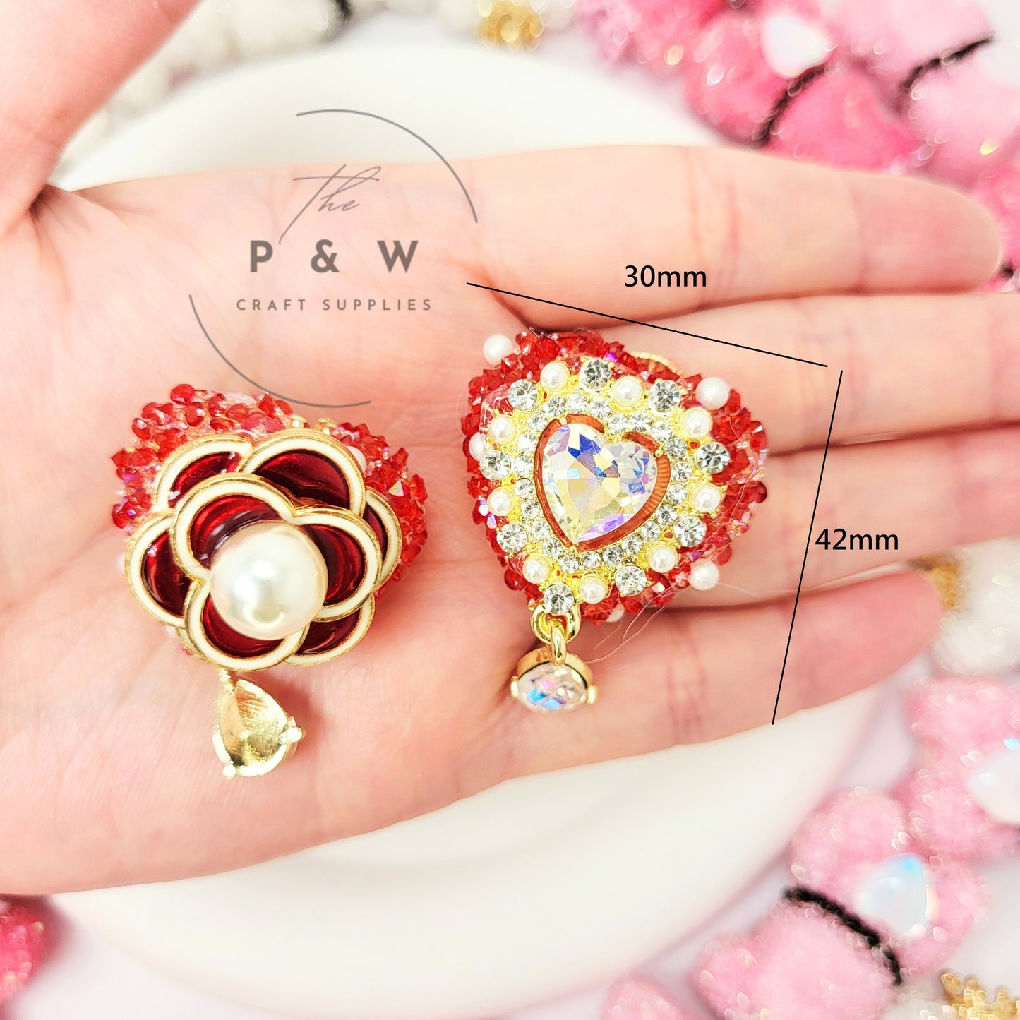 N J2 - Red Rose Pearl Heart Beads